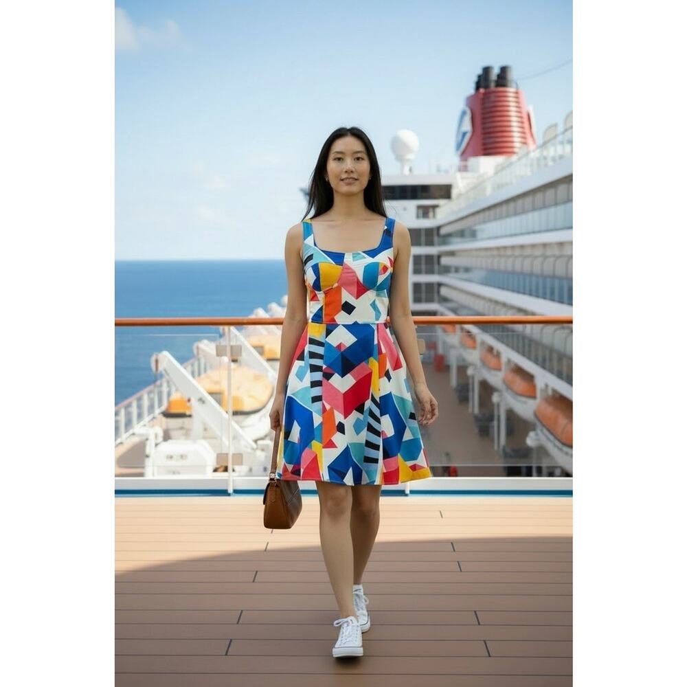 Satin Colorblock Midi Pleated Swing Dress Medium Vacation Summer Cruise Party